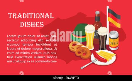 Traditionelle Gerichte auf Oktoberfest Bier party banner Konzept. Isometrische Darstellung der traditionellen Gerichte auf Oktoberfest Bier party Vektor Banner für Web Stock Vektor