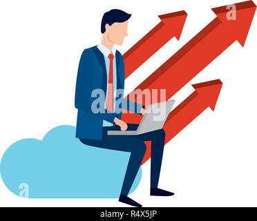 Erfolgreicher Geschäftsmann avatar klettern Pfeile von web Cloud mit Laptop cartoon Vector Illustration graphic design Stock Vektor