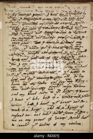 Die tilbury Rede der Königin Elizabeth I. Briefe und Papiere auf staatliche Angelegenheiten. England. [Ganze folio] Die Tilbury Rede, geliefert von Königin Elizabeth I. zu ihren Truppen in Tilbury Lager montiert das Reich gegen die spanische Armada, Juli 1588 zu verteidigen. Diese Kopie wurde wahrscheinlich von den Pfr. Dr. Lionel Sharp produziert, Kaplan, der Graf von Leicester, der Königin Lietuenant Allgemein. Juli 1588. Bild von Briefen und Papieren auf staatliche Angelegenheiten ursprünglich in England produziert; 1588. Quelle: Harley 6798, f 87. Sprache: Englisch. Stockfoto