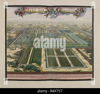 Allgemeine Ansicht des schönen Park von dem Zorgvliet. Tonneel van Nederlandse Lusthooven... Amsterdam, 1718. Allgemeine Ansicht des schönen Park von dem Zorgvliet. Auf der rechten Seite dieses Vogelperspektive von dem Zorgvliet, durch ein Banner und puttis Lager Bentinck arme überwunden, kann die vor kurzem abgeschlossene High Road gesehen werden, die Den Haag zu der Küstenstadt Scheveningen. Die Ansicht gewährt eine gute Idee, wie in der Nähe der Sanddünen zu dem Haus waren (in der oberen linken und weit entfernt von der Straße) und in den weitläufigen Gärten. Bild von: Tonneel van Nederlandse Lusthooven genommen. Eerste Deel, waar in vertoond Nordworden 't Stockfoto
