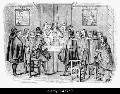 Der englische Botschafter in Den Haag die Anordnung der Begriffe der Wiederherstellung von Charles II. Nach dem Tod von Cromwell im Jahre 1658, von Charles Chancen auf Wiedergewinnung der Krone schien schlank wie Cromwell wurde als Lord Protector von seinem Sohn, Richard gelungen. Doch der neue Lord Protector wenig Erfahrung sowohl militärischen als auch zivilen Verwaltung und formal verzichtet Power neun Monate nach Erfolg. Das neue Parlament montiert am 25. April 1660, und bald danach die Deklaration von Breda, begrüßte in dem Charles versprochen, Nachsicht und Toleranz. Stockfoto