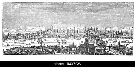 Ein Blick auf die London und die Themse vor dem Großen Feuer durch die zentralen Teilen von London, England im Jahre 1666. Das Feuer brannte der mittelalterlichen Stadt London innerhalb der alten römischen Stadtmauer. Es bedroht, aber nicht die aristokratische Stadtteil Westminster, Charles Palast von Whitehall erreichen, und die meisten der vorstädtischen Slums. Es verbraucht 13.200 Häuser und 87 Kirchen, St. Paul's Cathedral, und die meisten Gebäude der Stadt. Es wird geschätzt, die Häuser von 70.000 der 80.000 Einwohner der Stadt zerstört zu haben. Stockfoto