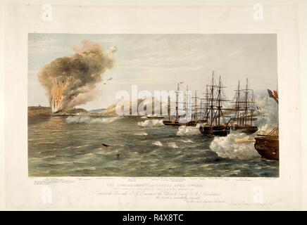 Die Bombardierung von Odessa, 22. April 1854. Meerblick von einer Explosion auf der linken Seite, und Schiffe aufgereiht feuern Kanonen auf der rechten Seite. Beschriftete 'Explosion des Magazins 1 Samstag 22. April durch eine Shell geworfen, indem/H.M.S. Die Vergeltung von der Quarter Deck Viertel diese Explosion wurde durch den/einen allgemeinen Beifall aus dem Viertel' unten links willkommen geheißen. Eine Serie von 23 farbigen lithographischen Ansichten, die die wichtigsten Ereignisse während der russischen Krieg, von W Simpson und andere, aus Skizzen per E T Dolby und anderen Künstlern. Krimkrieg. Quelle: 1899 b3 Platte 23. Autor: SIMPSON, WILLIAM. Goldsworth Dutto Stockfoto