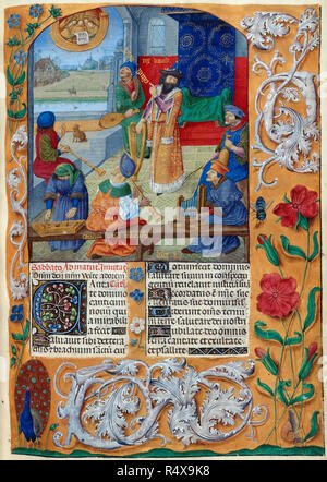 David und Musiker, [Ganze folio] Der Psalter. David stellt seine Sängerinnen und Sänger des "alten Songs" des Alten Testaments auf das "neue Lied" der Engel begrüßte die Geburt Christi David hält eine Harfe; orher Instrumenten gehören ein Hackbrett, tragbare Orgel, rebec und Laute. Anfang von Psalm 95 mit verzierten erste 'C'. Grenzen mit Trompe-l'oeil-Dekoration von Acanthus, Blumen, Insekten, und der Pfau Bild von Isabella Brevier. Ursprünglich veröffentlichte/in S. Niederlande [Brügge?] hergestellt; ca. 1490-1497. Illustriert von Master der Dresdener Gebetbuch. Museum: British Library. Stockfoto