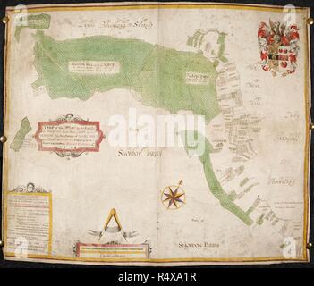 Farbige Karte von einem Anwesen im unteren Lauge von Sir James Bateman, Stadtrat von London; mit dem Wappen von Bateman. . Farbigen Karten (insgesamt vier) von Ländereien in Co.Hereford, von William Whittell, Bodenham, Co.Hereford, gemacht. 1705. Quelle: Egerton 2873, D. Stockfoto