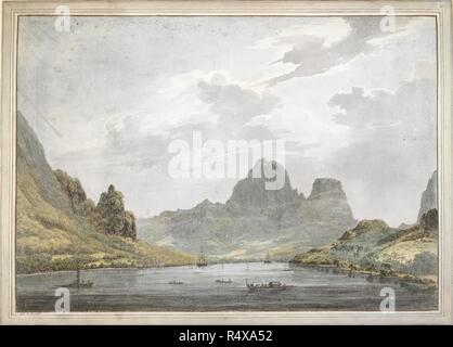 Blick auf papetoai Bay, Moorea. Zeichnungen von John Webber während des Dritten ausgeführt. Moorea, 1777. [Ganzen] eine Ansicht von Aimeo Hafen [Papetoai Bay], mit dem 'Auflösung' und die 'Entdeckung', und viele verschiedene Arten von native Fertigkeit in den Hafen, und zwei Bergigen Gipfeln im Hintergrund. Captain Cook Moorea besuchte im Oktober 1777. Bild aus den Zeichnungen von John Webber ausgeführt, während die dritte Reise von Captain Cook, 1777-1779. Ursprünglich in Moorea, 1777 produziert. . Quelle: Hinzufügen. 15513, Nr. 20. Sprache: Englisch. Stockfoto