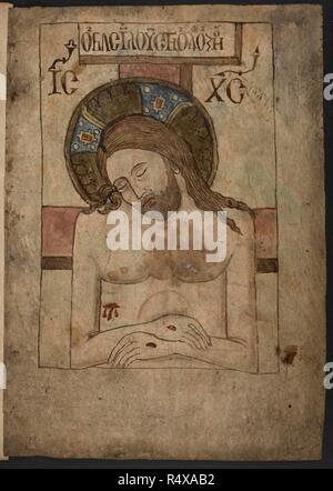 Abbildung: Christus am Kreuz aus "Die Wüste von Religion. Die Wüste von Religion und andere Gedichte und religiöse Stücke, etc. überw. Ill., in englischer Sprache. Bild Christi am Kreuz. 1. Fragment, am Anfang unvollkommen, einer Legenda oder apokryphen Evangelium, in Lateinamerika; auf der Vorderseite des ersten von zwei Pergament hinterlässt. Endet ein patria sua ad eum veniebant." w. 1. Auf der Rückseite und zwei Seiten im Folgenden sind drei farbigen Zeichnungen, nämlich (a, b) die Jungfrau und Christus, anscheinend Kopien der Byzantinischen arbeiten. fF. 1 b, 2; - (c) kreisförmige Karte oder Grafik, die den Elementen Feuer als cr Stockfoto