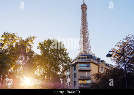 Sonnenlicht durch die Bäume und leuchtet auf einer Straße in der Stadt Paris. Der Eiffelturm ist hinter dem Gebäude. Frankreich