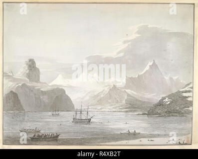 Ein Blick auf die gemütliche Ecke Cove, Prince William Sound, [ganzen]. Ein Blick auf die gemütliche Ecke Cove, mit der 'Auflösung' und die 'Entdeckung' im Ton, und hoch aufragenden ice-Klippen auf beiden Seiten. Im Vordergrund, zwei großen Kanus mit Crew durch Alaska natives Ansatz die beiden Schiffe; auf der rechten Seite ein Kajak mit zwei Männern, und andere mit einem ruderer. Gemütliche Ecke Cove war im Eintrag im Journal Cook am 16. Mai 1778 beschrieben, bei seinem Besuch in Prince William Sound [Sandwich Sound] vom 12. bis 20. Mai 1778. Bild aus den Zeichnungen von John Webber während der dritten Reise von Captain Cook ausgeführt werden Stockfoto