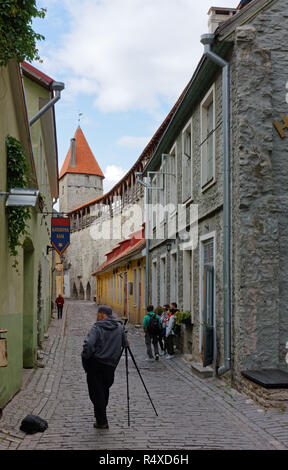 TALLINN, Estland - 21. Juli 2013: ein Fotograf mit einem Stativ und einer Gruppe von Touristen in den Straßen der Altstadt Stockfoto