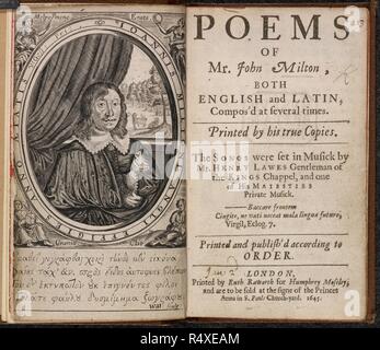 Frontispiz und Titel Seite von "Gedichte von Herrn John Milton, sowohl auf Deutsch als auch auf Englisch und Latein. Gedichte von Herrn John Milton, sowohl auf Deutsch als auch auf Englisch und Latein. composâ €™ d mehrmals. Gedruckt von seiner wahren Kopien. Ruth Raworth, für H. Moseley: London, 1645. Quelle: E.1126 (1), frontispiz und Titelblatt. Sprache: Englisch und Latein. Stockfoto