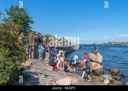 Touristen für Bilder von Die kleine Meerjungfrau (Den Lille Havfrue), Kopenhagen, Dänemark posing Stockfoto