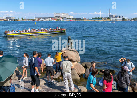 Chinesische Touristen für Bilder von Die kleine Meerjungfrau (Den Lille Havfrue), Kopenhagen, Dänemark posing Stockfoto