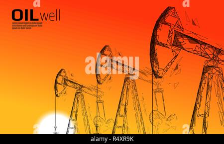 Öl gut Rig juck Low Poly Geschäftskonzept. Finanzen Wirtschaft sonnenuntergang himmel Benzin Produktion. Petroleum Kraftstoffindustrie pumpjack Ladebäumen Pumpen bohren Point Line Dots blau Vector Illustration Stock Vektor