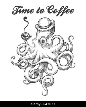 Octopus in Melone und Brillen mit Tasse Kaffee in tentakel. Octopus Tattoo Style mit dem Wortlaut der Kaffee. Vector Illustration. Stock Vektor