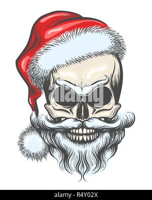 Bärtige Schädel in Santa Claus hat in Tattoo Stil gezeichnet. Vector Illustration. Stock Vektor