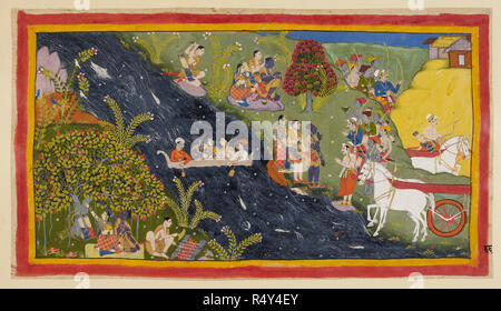 Die verbannten der Ganges Kreuz, die Begleiter der Fluss Ganges und Guha, der Nisada chief erreicht haben, kommen Sie zusammen mit einigen seiner Leute von ihren nahe gelegenen Stadt zu begrüßen. Rama fragt ihn ein Boot zur Verfügung zu stellen, so dass Sie den Fluss überqueren kann. Er sagt Sumantra den Wagen zurück, um Ayodhya, mit einem letzten fröhlichen Nachricht an seinen Vater und seine Mutter, dass Sie sicherlich die drei von Ihnen wieder. Rama und Laksmana haben veräußert ihre Kronen und nun ihre Haare mat mit dem Saft einer Banyan Tree in der Art und Weise der Asketen. Der guha Männer Zeile über den mächtigen Ganges, während in Stockfoto