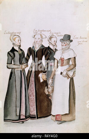 Zeichnung der englischen Damen im Kostüm, [ganzen]. Zeichnung von vier englischen Damen in Tracht. Bild aus der Beschreibung von Großbritannien und Irland. Ursprünglich in den Niederlanden hergestellt; circa 1574. Museum: British Library. Stockfoto