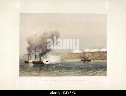 Verlust der HMS Tiger, 12. Mai 1854. Blick auf die Bombardierung von Odessa, Schiff auf Feuer auf der linken Seite. Bildunterschriften lesen 'Vesuvius' und 'Niger'. COLNAGHI beschriftete 'authentischen' unten links. Nach Parker, "Die kleine britische Fregatte Tiger, 16, Kapitän H. W. Giffard, mit dem Niger, 14, Commander L.G. Heide, und Vesuv, 6, Commander R.A. Powell, hatte am 11. Mai getrennt wurde, zu Cruise Off Odessa. In einem dichten Nebel der Tiger wurde von ihrem Gemahle getrennt und ca. 5 km auf die S.e. von Odessa geerdet. Über 9:00 die Kanonen von der Küste begonnen Feuern und in weniger als zehn Minuten die Tig Stockfoto