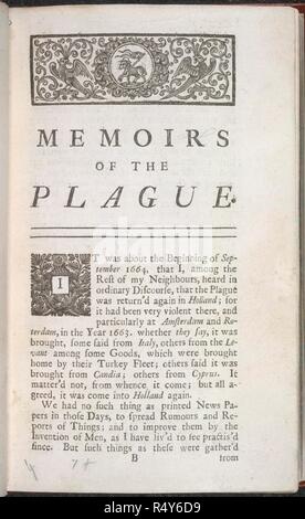 Memoiren der Pest. Ein Journal der Pest Jahr: Beobachtungen oder Gedenkstätten, der bemerkenswertesten vorkommen, sowie PUBLICK als private, die in London während der letzten großen Visitation im Jahre 1665 geschah. Von einem Bürger, der die ganze Zeit in London weiter geschrieben. Nie publick gemacht. [Unterzeichnet: H.F., d. h. D. Defoe.]. E. Nutt, etc.: London, 1722. Quelle: 1167. e.3, 1. Sprache: Englisch. Autor: Defoe, Daniel. Stockfoto