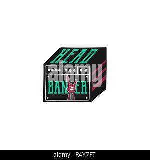 Rock n Roll Poster. Musik t-shirt Design. Musical-t-stück Grafik Box mit Handzeichen und Typografie Head Banger Zitat. Trendy 90 s Farben. Vektor auf weißem Hintergrund Stock Vektor