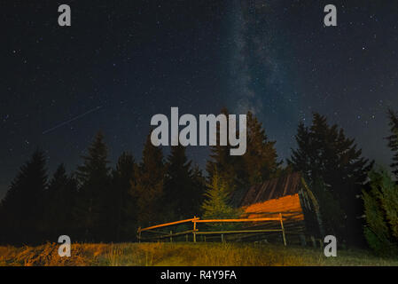 Holz- Berg inmitten von Pinien und Milchstraße mit Shooting Stars Stockfoto