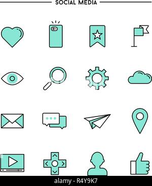 Der flache Bauform, dünne Linie social media Icons Stock Vektor