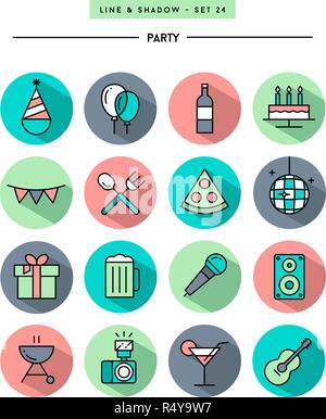 Der flache Bauform, lange Schatten, dünne Linie Partei Symbole Stock Vektor