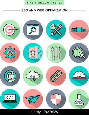 Der flache Bauform, lange Schatten, dünne Linie seo und web Optimierung Symbole Stock Vektor