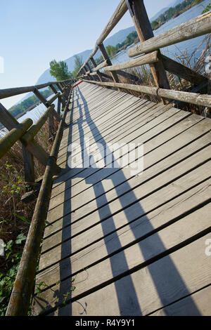 Hölzernen Brücke an Sebino Peat-Bog Nature Reserve, im Süden des Lago d'Iseo, Provinz Brescia, Italien Stockfoto