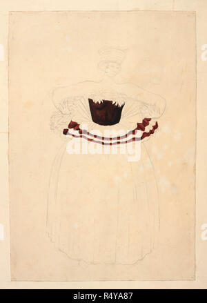 Darstellung der Frau in den zeremoniellen Kleid mit Federn und einem engen Oberteil und Rockteil, von der Reise Zeitschriften und Aufzeichnungen über die Reisen des Captain Cook, Wallis und Byron, aus einer Sammlung von Zeichnungen von A. Buchan. Museum: British Library. Stockfoto