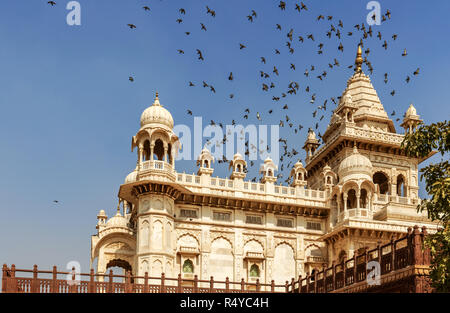 Die Vögel fliegen über Jaswant Thada, einen Marmornem Maharaja Jaswant Singh II in Jodhpur, Rajasthan, Indien. Stockfoto