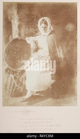 Elizabeth Johnston, Newhaven. In voller Länge Porträt Der fischerin Elizabeth Johnston, sitzt auf der Suche nach unten mit einem nachdenklichen Ausdruck, ihren rechten Arm ruht auf einer Anordnung von zwei wicker Fisch Körbe. Hundert Calotype Skizzen. Edinburgh. Ab einem Volumen von calotype Bilder und Porträts. Frühen fotografischen Technik namens auch Talbotypie. Dating von 1849. David Octavius Hill und Robert Adamson. Quelle: C 128. k.10 87. Stockfoto