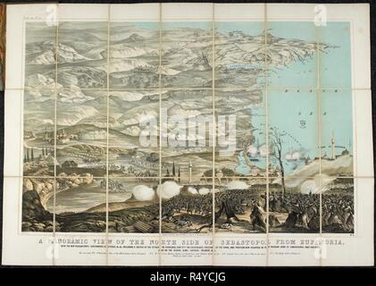 Ein Blick auf die Nordseite von Sebastopol von Eupatoria. Der Krimkrieg. 1854-55. Das Schlachtfeld. . Ein Blick auf die Nordseite von Sebastopol von Eupatoria... London, England. Ein Blick auf die Nordseite von Sebastopol von Eupatoria, mit der neuen russischen Festungen, Erdarbeiten, Batterien, &c. & C sowie eine Skizze des Angriffs auf Eupatoria, feby 17., etc. durch Lesen & Co., 1855 veröffentlicht. Quelle: Karten 197. b) 24. Sprache: Englisch. Stockfoto