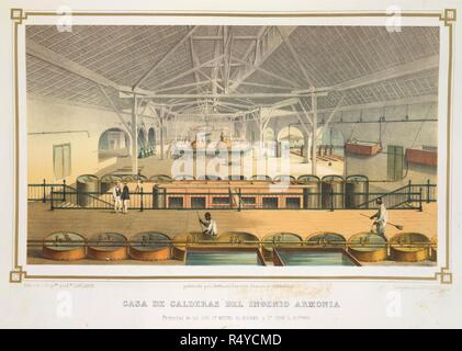 Casa de Calderas. Los Ingenios. Coleccion De Vistas de los. Havanna, 1857. Casa de Calderas del ingenio ArmonÃ-a. Propiedad de los SeÃ±Erze Don Miguel de Aldama y Don JosÃ© L. Alfonso. Innenraum eines kochendes Haus in Kuba. Bild von Los Ingenios genommen. Coleccion De Vistas de los principales ingenios de Azucar de la Isla de Cuba. Edicion de Lujo. El texto redactado por J. G. Cantero Las lÃ¡Minas dibujadas del Natürliche y litografiadas por Eduardo Laplante, usw. (Habana, 1857.) Ursprünglich veröffentlicht in Havanna, 1857 produziert. . Quelle: 1780. C.14,. Sprache: Spanisch. Stockfoto