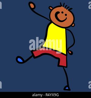 Ein Junge in Shorts und ein T-Shirt kommt. Stil der Zeichnung der Kinder. Vector Illustration. Dunkelblauen Hintergrund. Stock Vektor