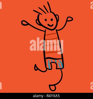 Junge in Shorts und ein T-Shirt springen. Stil der Zeichnung der Kinder. Vector Illustration. Umrisse zeichnen auf einem orangefarbenen Hintergrund. Stock Vektor