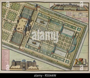 Der Königliche Palast in Rijswijk. Der Königliche Palast in Rijswijk, in denen die Verhandlungen für einen allgemeinen Frieden stattfinden (1697). Die Gärten an der Vorderseite des Hauses, in der die eingefügten Ansicht gezeigt, unterscheiden sich im Aussehen von denen auf der Hauptseite Drucken gezeigt. Während der allgemeine Aufbau der wichtigsten Gärten auf der Rückseite des Schlosses die gleichen geblieben waren, hatten sie sich mit der Entfernung der Statuen und der zahlreichen Garten Pavillons vereinfacht. . Quelle: Karten C.9.e.8. (68). Sprache: Holländisch. Autor: Milheusser, J. Stockfoto