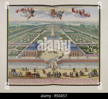 Freude Haus in Deventer. Tonneel van Nederlandse Lusthooven... Amsterdam, 1718. Freude Haus seiner Exzellenz, des Grafen von Albemarle bei Deventer (1700). Die Aufteilung des Hauses und der Gärten Bohrung eine große Ähnlichkeit mit denen der Het Loo. Die Gärten hatten ähnliche Blumenbeete (oder parterres), die am besten von der sie umgebenden Terrassen oder aus der Galerie oben auf dem Dach des Hauses gesehen. Eine Sequenz von Teichen mit Brunnen führte zu einer Kolonnade (oder exedra) mit Blick auf ein fernes Denkmal. Wie in Het Loo, gibt es sogar eine kleine Formschnitt 'Green Box' rechts neben dem Haus Stockfoto