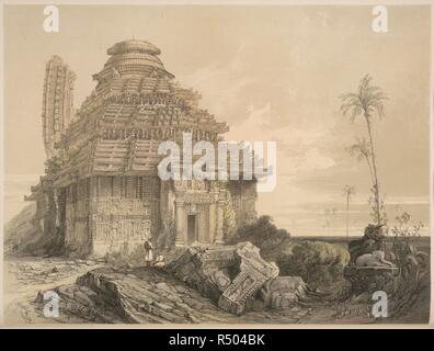 Tempel des Kanarug. Antike Architektur in Hindoostan. 1847. Der sonnentempel von konarak ist einer der berühmtesten Tempel in ganz Indien, und gilt als höchste Errungenschaft der Oriya Architektur. Die Europäer zur Zeit des Fergusson wusste es, als der Schwarze Pagode, ein Verweis auf verlassene Orte, die Einheimische beschrieben als Kala, d. h. leer. Vermutlich in der Mitte des 13. Jahrhunderts wurde von narasimhadeva der Östlichen Ganga Dynastie, der Tempel in den Ruin, wenn der 227 Meter hohe Hauptturm, eingestürzt hinfällig errichtet zu haben. Quelle: X 472, Platte 3. Stockfoto