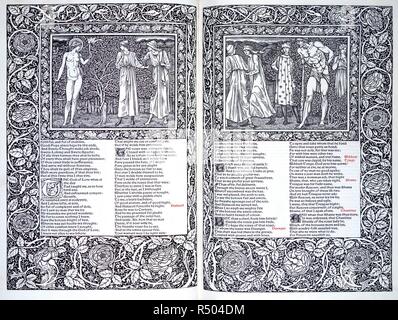 Canterbury Tales. Die Werke von Geoffrey Chaucer jetzt neu bedruckt. Kelmscott Press: Hammersmith, 1896. Zwei Szenen aus der Canterbury Tales. Zwei Abbildungen und Text. Bild aus den Werken von Geoffrey Chaucer jetzt neu bedruckt. (Herausgegeben von F.S. Ellis; mit Bildern, die von Sir Edward Burne-Jones verziert, und graviert auf Holz von W. H. Böttcher). Ursprünglich veröffentlicht in Kelmscott Press: Hammersmith, 1896 produziert. . Quelle: C.43.h.19, Teller 272-273. Stockfoto