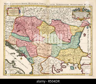 Nova Et Accurata Regni Hungarle Tabula, Usum Serenissimi Burgundia Duci. Ein neuer Atlas mit aktualisierten Beobachtungen im Jahr 1700 veröffentlicht. . Atlas Nouveau aÌ € l €™ Nutzung de MonseÌigneur le Duc de Bourgoyne. Amsterdam. Quelle: Karten 39. w.14 Karte 210. Sprache: Französisch und Latein. Autor: Sanson, S. Stockfoto