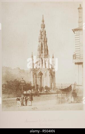 Denkmal für Sir Walter Scott, Edinburgh. Blick über Prince's Street in Richtung das Scott Monument, mit Edinburgh Castle auf dem Skyline darüber hinaus. Das Denkmal ist hier abgeschlossen, obwohl die Statue ist noch nicht hinzugefügt wurde. Eine Gruppe von vier Jugendlichen steht im Vordergrund. Hundert Calotype Skizzen von D.O.-Hügel, R.S.A. und R. Adamson. Edinburgh. Ab einem Volumen von calotype Bilder und Porträts. Frühen fotografischen Technik namens auch Talbotypie. Dating von 1849. David Octavius Hill und Robert Adamson. Quelle: C 128. k.10 78. Sprache: Englisch. Stockfoto