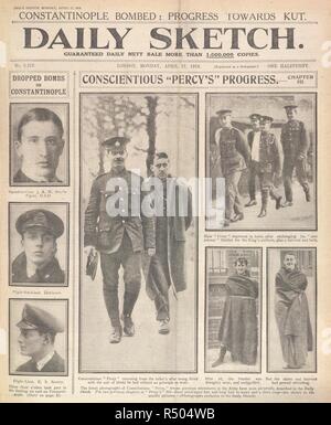 Der Artikel "gewissenhaft" Percy's Fortschritt", und Drei Portraits der Piloten, die bei einem Angriff auf Konstantinopel teilgenommen haben, ihre Namen: Smyth-Pigott, Dickinson, und Herzhaftes. Tägliche Skizze. London, 1916. Quelle: Skizze, 17. April 1916, Vorderseite. Stockfoto