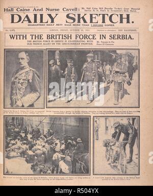 "Mit der Britischen Kraft in Serbien". Allgemeine Bryan T. Mahon, K. C. V. O, das Kommando über die britischen Truppen in Serbien." britischen Tommies durch die Straßen von Salonica" marschieren. "... Die Molen in Saloniki. "Ein Motor-cycle rider Versand...". London, 1915. Quelle: Skizze, 29. Oktober 1915, Vorderseite. Stockfoto