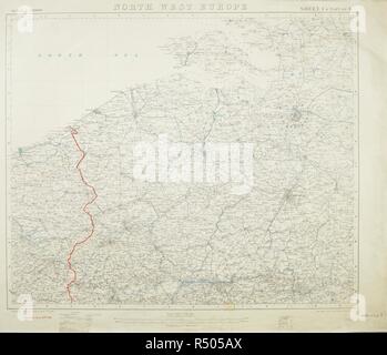 Ersten Weltkrieg Karte von North West Europa. In rot dargestellt, ist die vordere Linie, wie der am 27. Juni 1916. North West Europa. Maßstab: 1:250.000 ... oder 1 Â· 014 Zoll bis 4 Meilen. Blatt 1 und Teil 4. [Übersicht] Front Line, Juni 27th, 1916, [von Nieuport zu Objektiv]. [London]: [geographischen Bereich, Allgemeine Mitarbeiter], 1917. 730 x 610 mm.; Maßstab 1:250 000. Quelle: Karten. c. 14. g. Blatt 1 von 4. Stockfoto