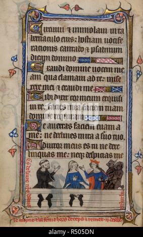 Bas-de-Seite Szene aus dem Teufel in die Bestände, den Mönch und die Frau in die Bestände mit ungebundenen Hände, während die Jungfrau Maria zwei Teufel auf einer Schnur führt, mit einer Bildunterschrift lesen, â € "Cy liefern n [Ost] Re Dame Le Moyne et la Fe [m] mich Hors de ceps et remet. ii deabl [es] en Lur luâ €™. Buch der Stunden, Verwendung von Sarum (die "taymouth Stunden"). England, S.E.? (London?); 2. Quartal des 14. Jahrhunderts. Quelle: Yates Thompson13, f 169 v. Sprache: Latein und Französisch. Stockfoto