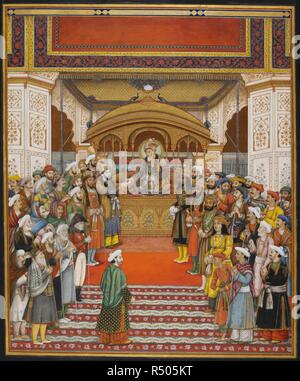 Durbar in Delhi von Akbar II (1759-1837, 1806-1837). Der Kaiser ist gezeigt, der auf seinem Thron sitzt im Diwan-I-Khas des Palastes in Delhi. In der Nähe von ihm stehen die Fürsten der Blut Royal; zu seiner Linken Mirza Jahangir Bahadur, Mirza Babar Mirza Hussain Sahib Bahadur und Mirza KaiQubad, zu seiner Rechten Mirza Salim Bahadur und Mirza Abu Zafar. In der Nähe befindet sich die britischen Bewohner in Delhi, Sir David Ochterlony ('Kharnal Akhtarluni Sahib') und die Edlen des Hofes stehen herum auf beiden Seiten des Thrones. Delhi, c 1820. Wasser - Farbe; 19 von 16 ins. Quelle: Hinzufügen. Oder. 3079. Autor: Anon. Stockfoto