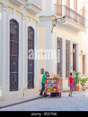 Natürliche Saft Anbieter stützt sich auf seine Karre auf der Straße in der Altstadt von Havanna, Kuba. Stockfoto