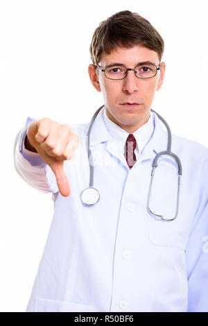 Studio shot der Mann Arzt, der Daumen nach unten Stockfoto